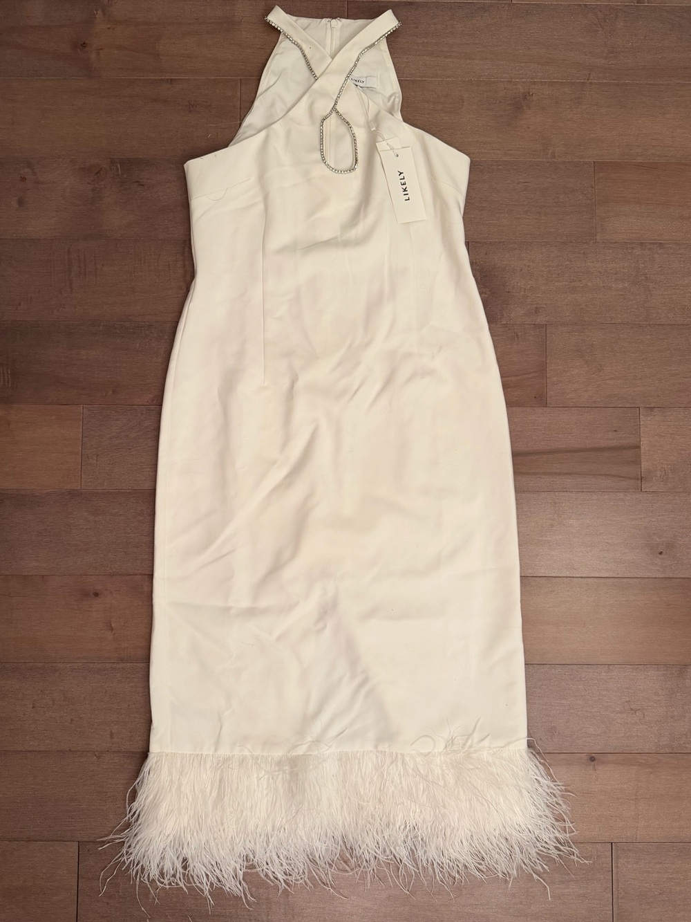 Likely Ivory Halter Midi Dress with Feather Hem